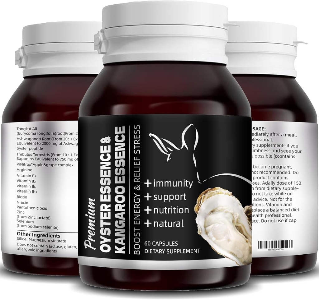 Essence d'huîtres et Essence de kangourou, Extrait d'huître, Supplément d'huître Peptides Capsules, Extrait d'huîtres - Pure, pour les hommes et les femmes – Supporte Energy & Imune Boost, 60 Capsules (1)