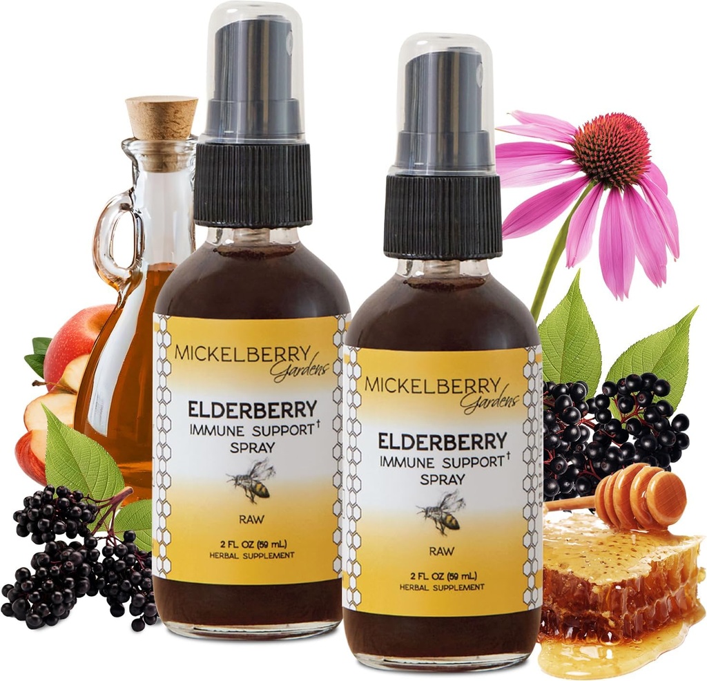 Mickelberry Gardens Elderberry Honey Propolis Throat Spray - Support naturel immunitaire et manteau de gorge pour enfants et adultes, 2 onces (paquet de 2)