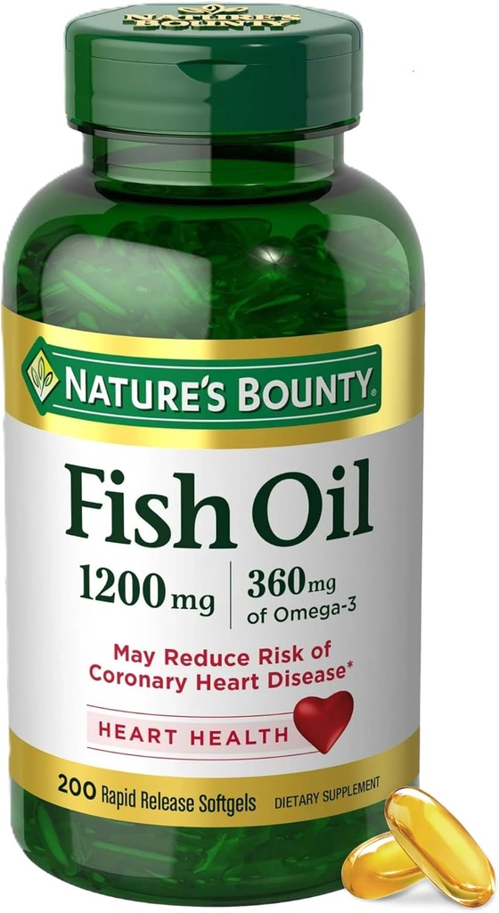 Nature's Bounty Fish Oil Omega 3 suppléments - soutient la santé cardiaque, 1200 Mg d'huile de poisson, Omega-3, 200 Softgels (paquet de 1)