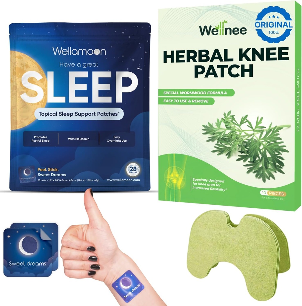 Wellnee & Wellamoon Wellness Pack: Patchs de confort à la main (10 comtes) & Patchs naturels de soutien du sommeil (28 comtes) – Confort articulaire et musculaire avec aide au sommeil à base de plantes