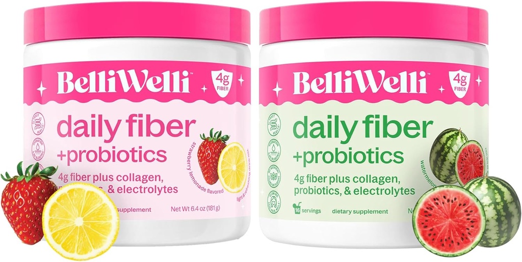 Belli Welli Daily Fiber Supplement Bundle - Strawberry Lemonade & Watermelon - Collagen, Probiotics & Electrolytes for Balanced Wellness - Refreshing Flavors, 32 Servings Total