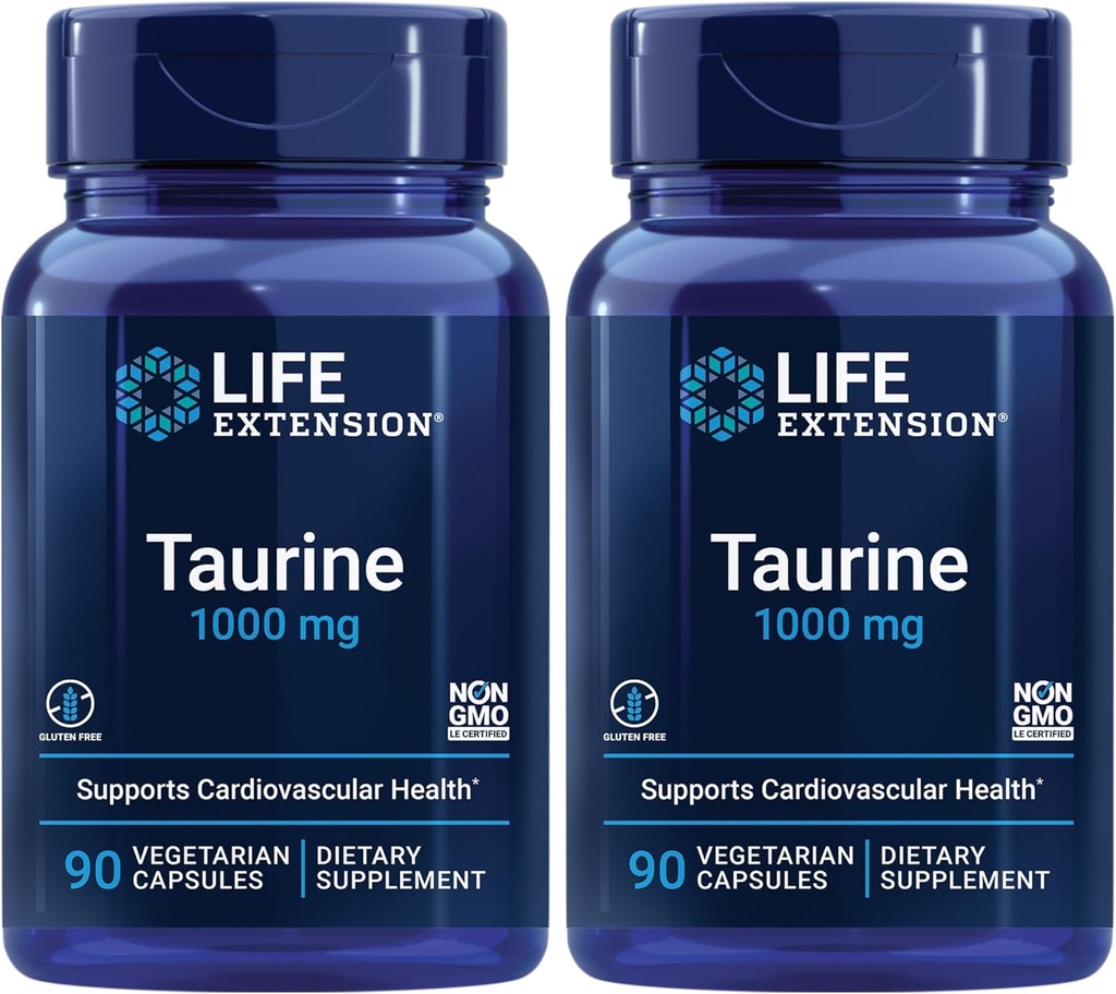 Prolongation de la vie Taurine, supplément d'acide amino-taurine pur, santé du coeur, du foie et du cerveau, longévité, muscles et exercice, dose de 1000 mg, sans OGM, sans gluten - deux paquets - 90 capsules végétariennes x 2