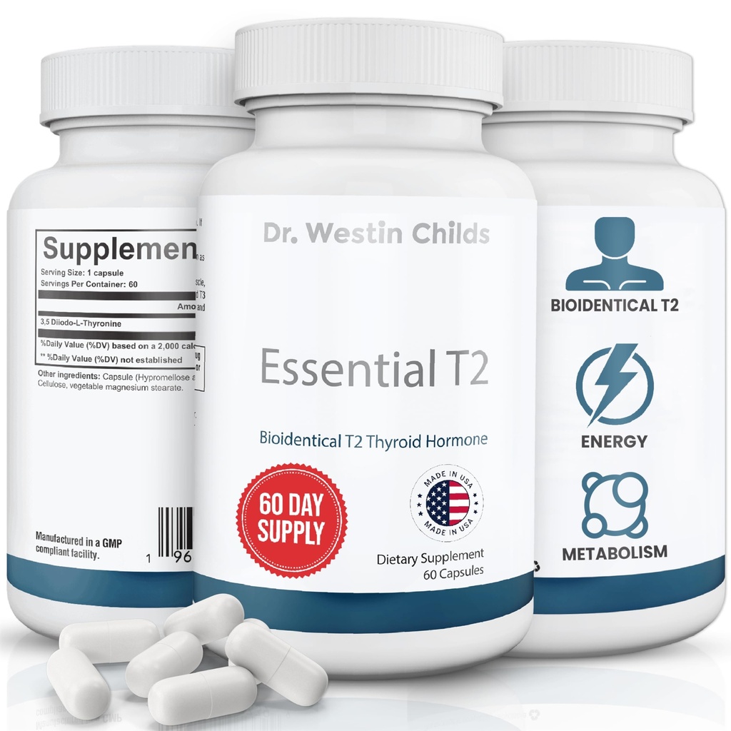 Dr. Westin Childs Essential T2 - T2 supplément de soutien à la thyroïde avec bio-identique 3,5 Diodo-l-thyronine pour l'hypothyroïdie, Hashimoto, Thyroïdectomie et Rai, non OGM, approvisionnement de 60 jours