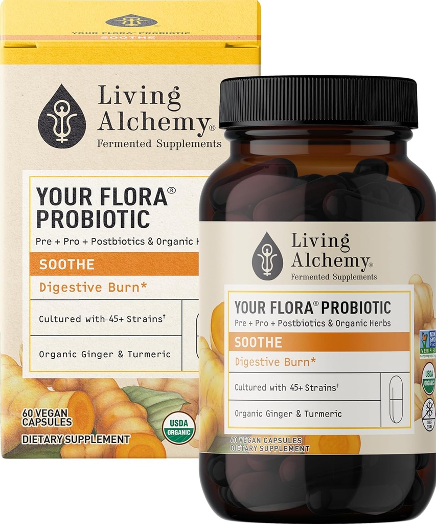 Votre Soothe Probiotique Flora – Probiotiques non OGM avec du soja fermenté, du gingembre et du curcuma pour l'équilibre, la digestion, et le soutien – Prébiotiques, postbiotiques, enzymes digestives – Alchimie vivante, 60 Pcs