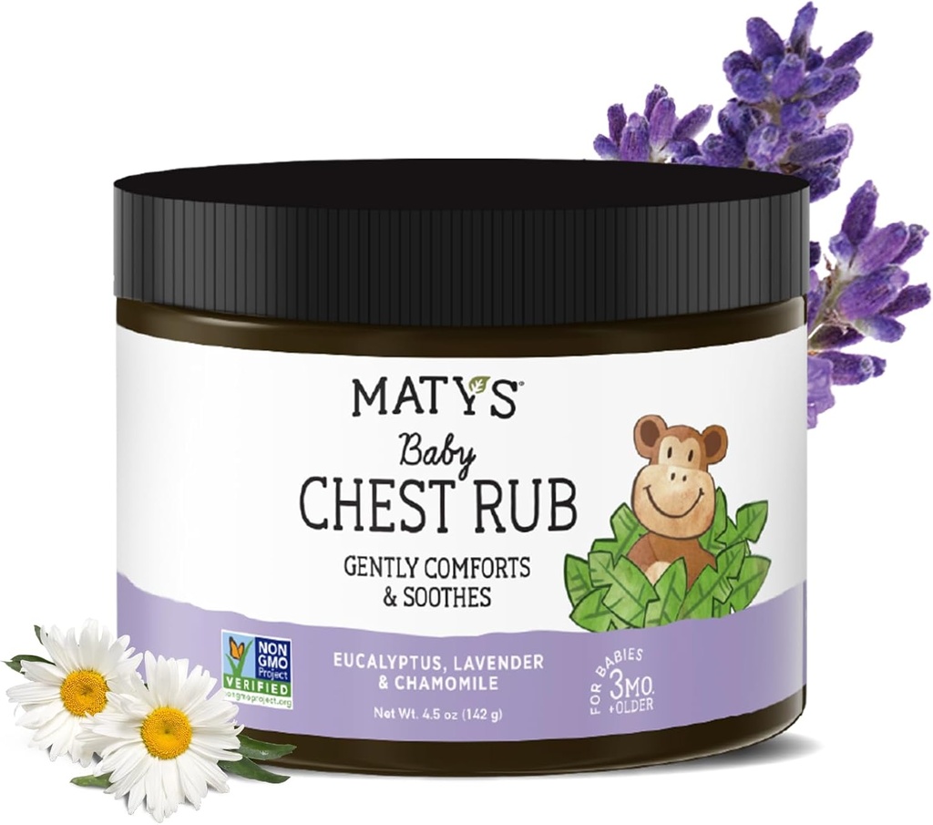 Matys Baby Chest Rub, Apaisant Rube de vapeur de soulagement de congestion pour bébés 3 mois vieux +, propre et réconfortant Eucalyptus, lavande, et camomille pour le sommeil, non-OGM, sans pétrole, sans menthol, 4,5 oz Tub