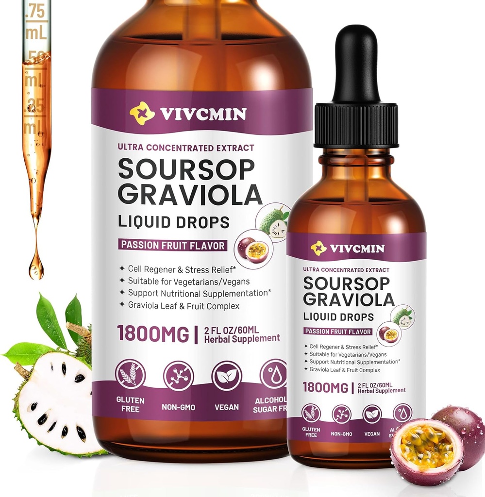 Graviola Extrait de feuille de sourcil liquide - Amandes de sourcil liquide, support immune, détente, foie et sommeil, sans sucre et sans alcool, formule hautement absorbante, goût de fruits de la passion, 2 Fl Oz