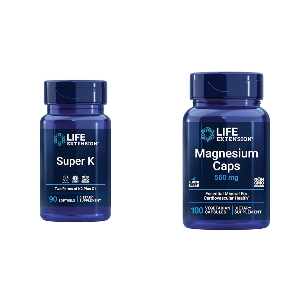 Extension de vie Super K Vitamine K1, K2 MK-7, MK-4, Vitamine C et Capsules de magnésium 500mg, coeur, os, santé artérielle