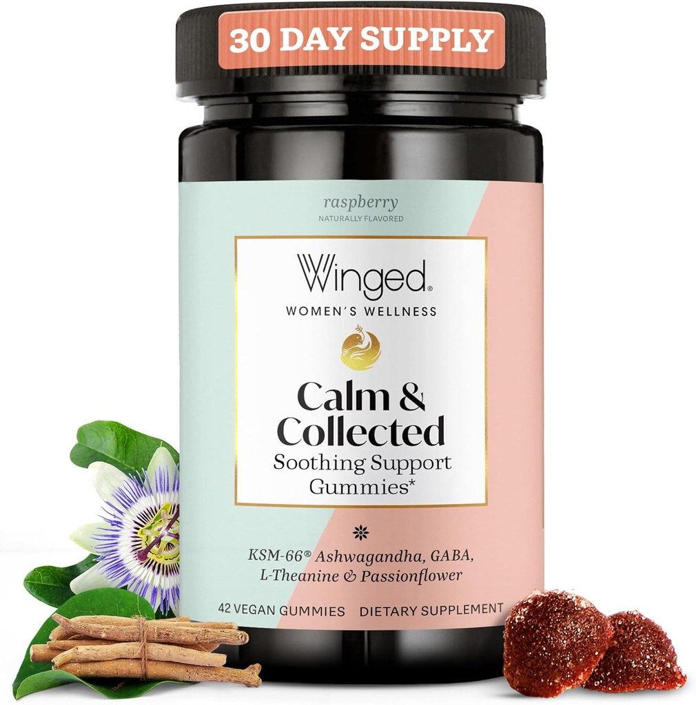 Bien-être ailé Calme et ramassé, Gummies anti-stress - Supplément de soutien au stress avec KSM-66 Ashwagandha, L-Theanine, GABA et Passionflower - Gummy végétalien et sans gluten - Framboise, 42 Comte