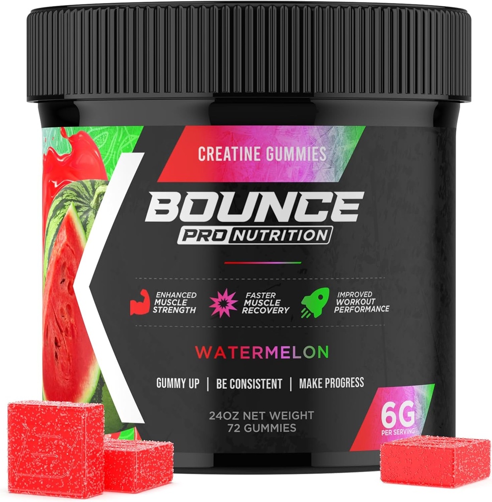 Bounce Pro crème monohydratée pour les hommes et les femmes, basse calories, 6G de créatine par portion, végétalien, anti-melting, sans gluten, non-OGM, 2g de créatine par gummy (72ct, pastèque)