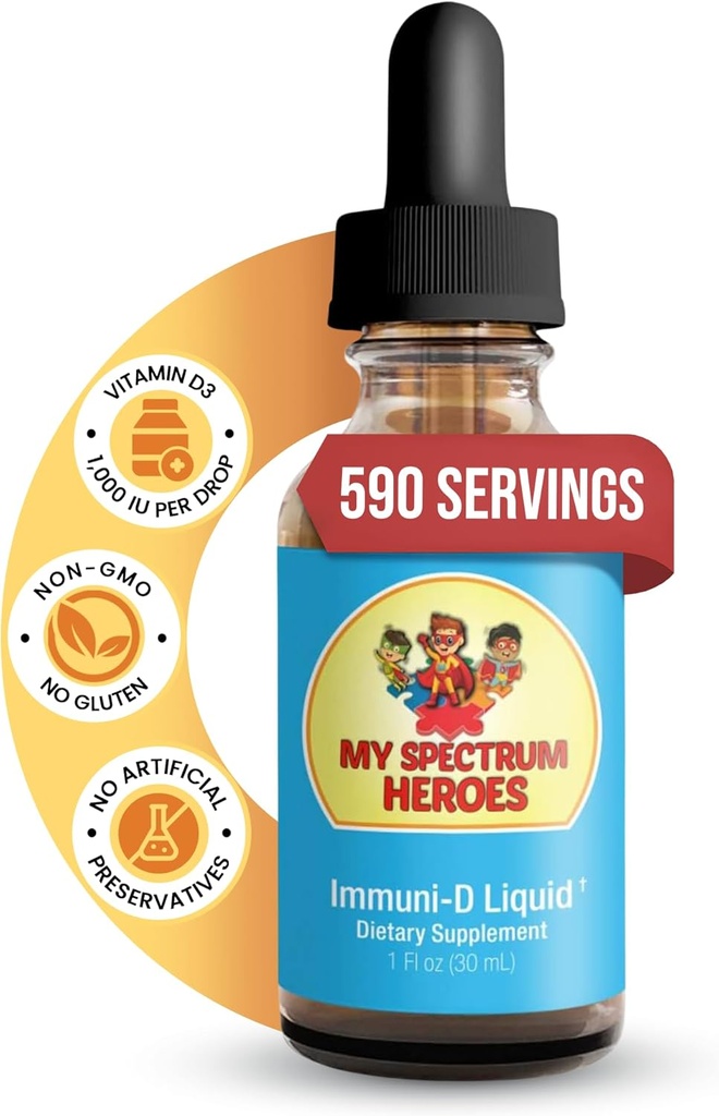 Mon spectre Heroes - Supplément de vitamine liquide D3 immuno-D, 1000 UI par portion, sans gluten, sans goût de vitamine liquide, aides à l'absorption minérale pour les enfants et les adultes - 1 FI oz (30 ml)