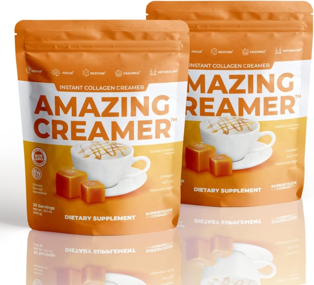 Superfoods Company Amazing Creamer with Collagen - Keto Creamer-Hyaluronique Acid & MCT Oil - Brain Boost & Curbs Cravings - Soutient la peau et les cheveux sains - Diet-friendly [60 portions] [Caramel salé]