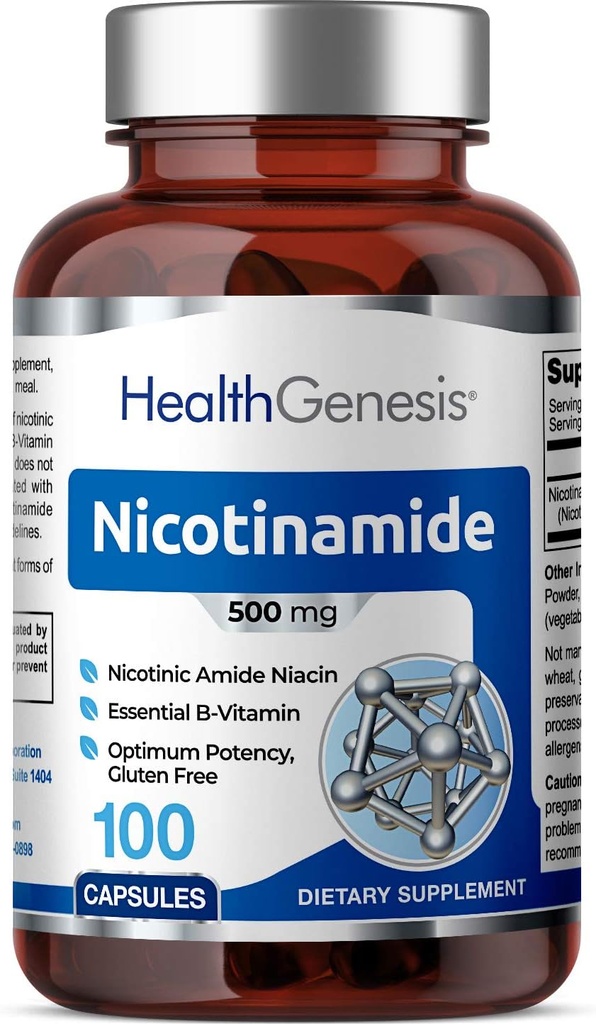 B-3 Nicotinamide 500 mg 100 Caps - Nicotinique Amide Niacin formule de vitamine naturelle sans flush - soutient la santé des cellules de la peau