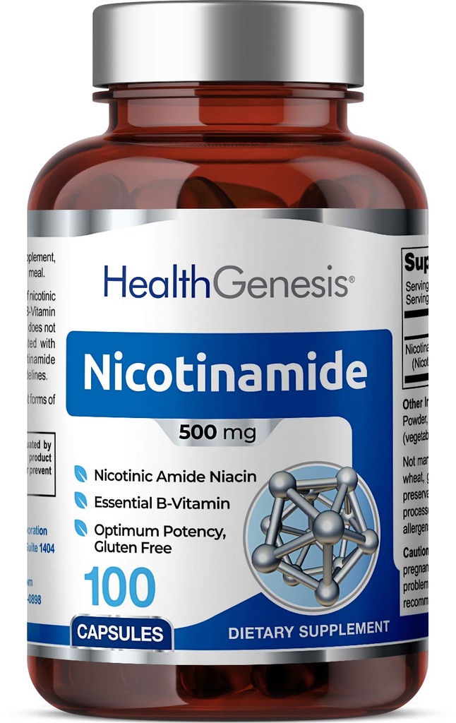 B-3 Nicotinamide 500 mg 100 Caps - Nicotinique Amide Niacin formule de vitamine naturelle sans flush - soutient la santé des cellules de la peau