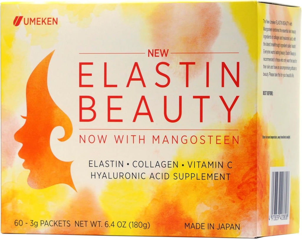 Umeken supplément en poudre de beauté élastine avec collagène peptides, acide hyaluronique, vitamine C et fruits de la mangue, femmes, santé et bien-être, 1 mois d'approvisionnement, 60 paquets
