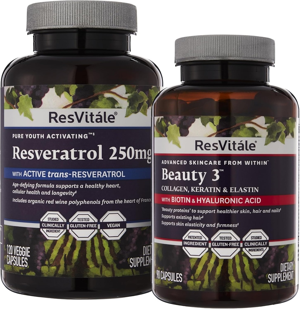 ResVitale Beauty 3 - Supplément soin de la peau avec collagène, kératine et élastine - 90 Capsules & Resveratrol 250 mg - Supplément soin de la peau pour hommes et femmes - 120 Capsules de Veggie