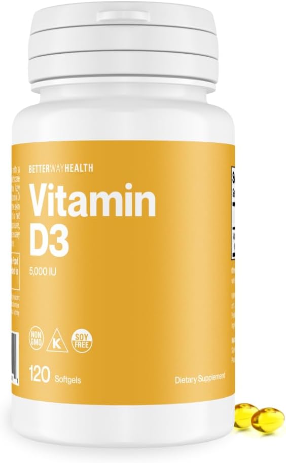 Better Way Health Vitamin D3 5000 IU – High Potency Softgel Vitamin D Supplement for Immune & Bone Health – Non-GMO, Dairy-Free, 120 Softgels