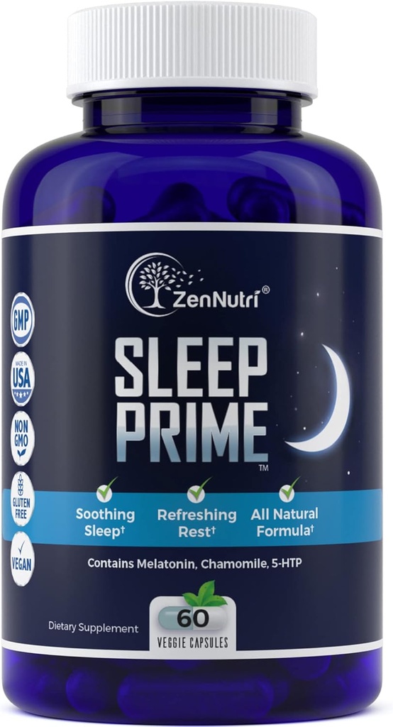Sleep Prime Vegan Natural Sleep Aid for Adult Extra Strength - Supplément de sommeil profond - Pilule à base de plantes - Soulagement du stress - Melatonine, GABA - 60 capsules Veggie