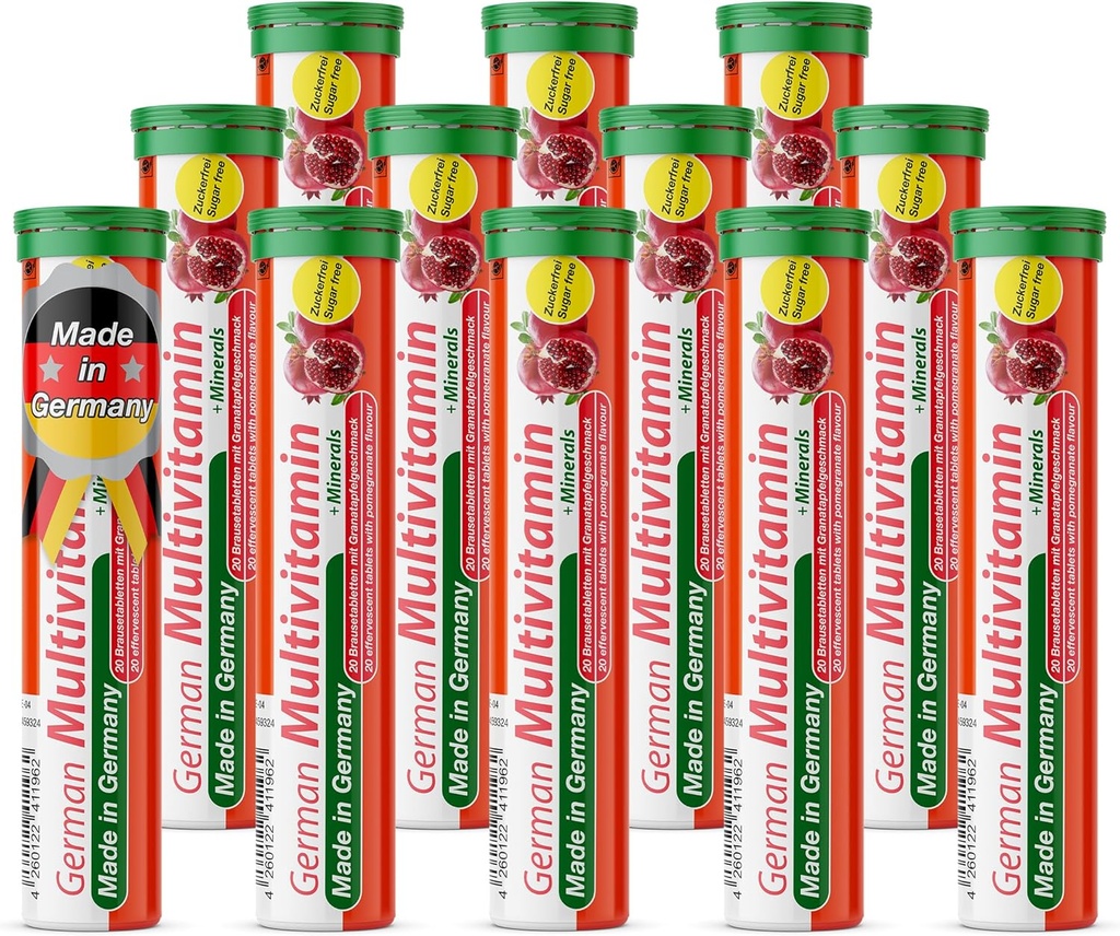 T&D German Multvitamin + Minerals 10 Vitamins 2 Minerals - 240 Vegan Drink Effervescent Tablets - Pomegranate Flavor - Made in Germany