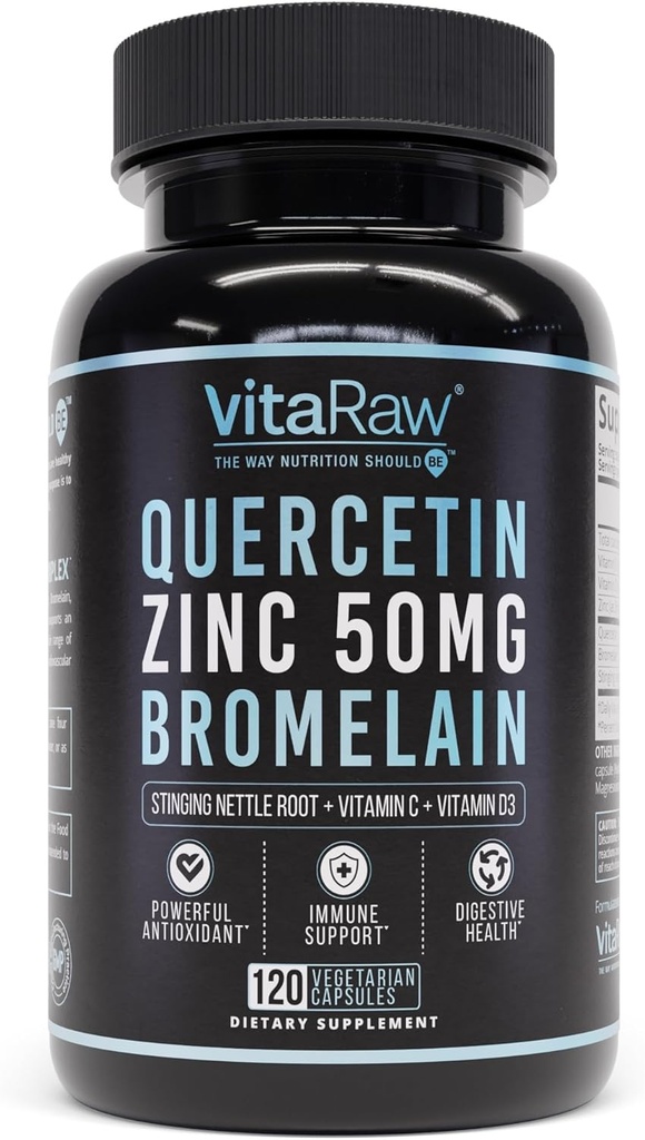 Quercetin avec Bromelain 500mg Capsules, soutient la réponse immunitaire, le confort articulaire et le bien-être général - Vitamine C, Zinc 50mg, et Vitamine D3 5000 UI - Immunity Health Pills