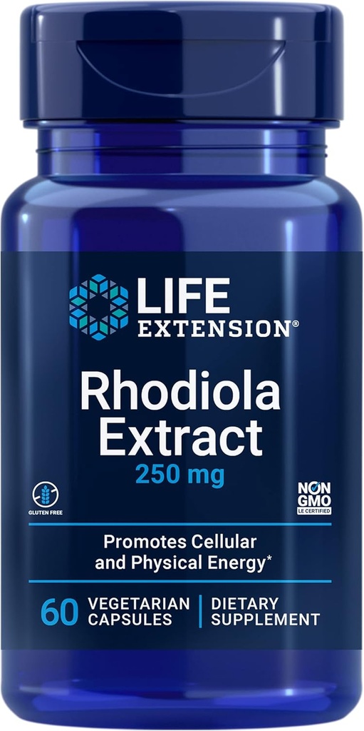 Extension de vie Extrait de Rhodiola, Supplément de Rhodiola rosea, extrait standardisé, favorise la performance physique et mentale, sans gluten, non-OGM, végétarien, 250 mg, 60 capsules
