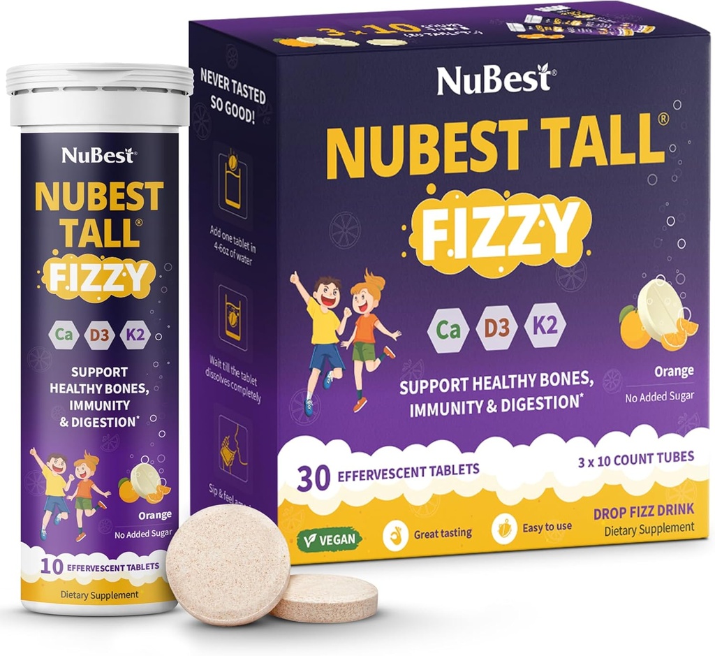 NuBest Tall Fizzy - Force osseuse, immunité, santé digestive pour les enfants de 4 ans et plus et les adolescents.Probiotique, Calcium, Magnésium de l'algue marine rouge, vitamines.