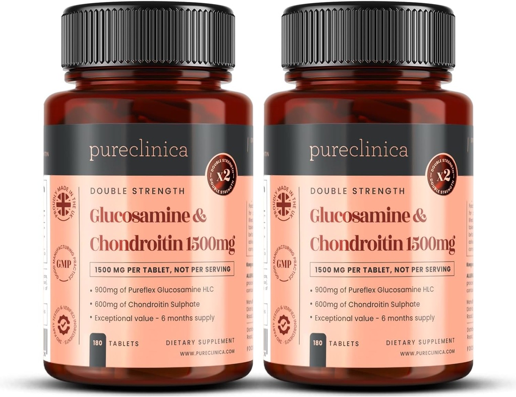 purclinica 1500mg Glucosamine HLC et Chondroïtine x 360 comprimés (2 bouteilles de 180) - 12 mois d'approvisionnement. Le plus efficace et le plus bio actif : Chondritine 90%, Glucosamine HCL 83,1 %