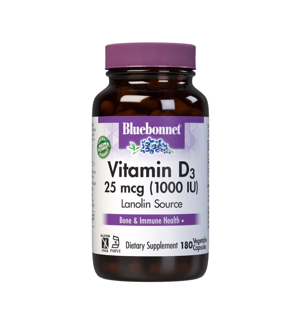 Bluebonnet Vitamine D3 1000 UI 25 mcg - Bons forts et supplément de soutien immunitaire pour les femmes et les hommes* Sans soja, sans gluten, sans OGM, végétarien - Vitamine D hautement absorbante - 180 capsules de légumes