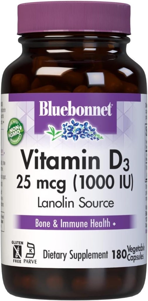Bluebonnet Vitamine D3 1000 UI 25 mcg - Bons forts et supplément de soutien immunitaire pour les femmes et les hommes* Sans soja, sans gluten, sans OGM, végétarien - Vitamine D hautement absorbante - 180 capsules de légumes