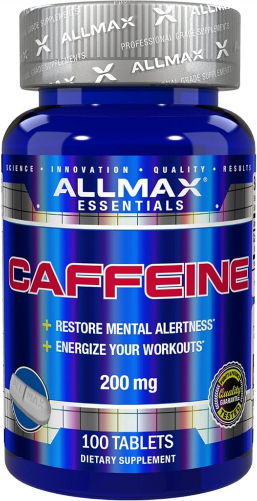 ALLMAX Nutrition Pilules de caféine, énergie soutenue et avant l'entraînement Focus mental, absorption rapide et végétalien, 200 mg, 100 comprimés