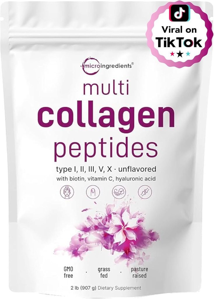 Micro-ingrédients Poudre de Peptides Multi Collagène, 2lb, Type I, II, III, V, X + Biotine, Vitamine C & Acide Hyaluronique , non aromatisé , soutient la santé des cheveux, de la peau et des articulations , Keto, non-OGM