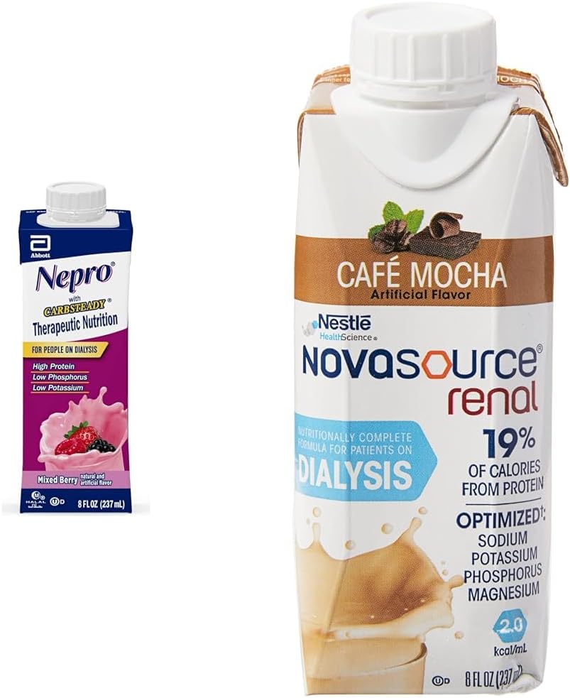 Nepro Nutrition Shake for Dialysis Patients with 19g Protein, 420 Calories, Mixed Berry, 24 Count and NOVASOURCE Renal Formula for Dialysis Patients with 475 Calories, 22g Protein, Mocha, 24 Count