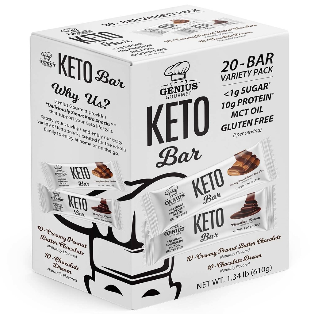 Barre de protéines kéto sans gluten Genius Gourmet, barres kéto au chocolat, MCT premium, faible teneur en glucides, faible teneur en sucre (paquet de 20 nombres (paquet de 1))