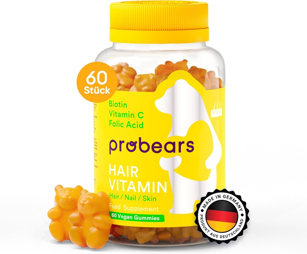 Probears® Biotine (B7) Gommies véganes de croissance capillaire Vitamines - 10.000 mcg, Vitamines essentielles A, B5, B6, B12, C, D2, E pour la prévention de la perte de cheveux - Sans gluten, sans gélatine, Halal - 60 Compte