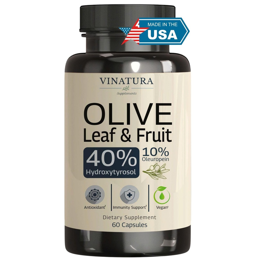 Supplément d'hydroxytyrosol VINATURA, Extrait de feuille d'olive - 40% Extrait de fruits d'olive d'hydroxytyrosol, 50% Capsules d'extrait de feuille d'olive d'oleuropeine - 60 Capsules