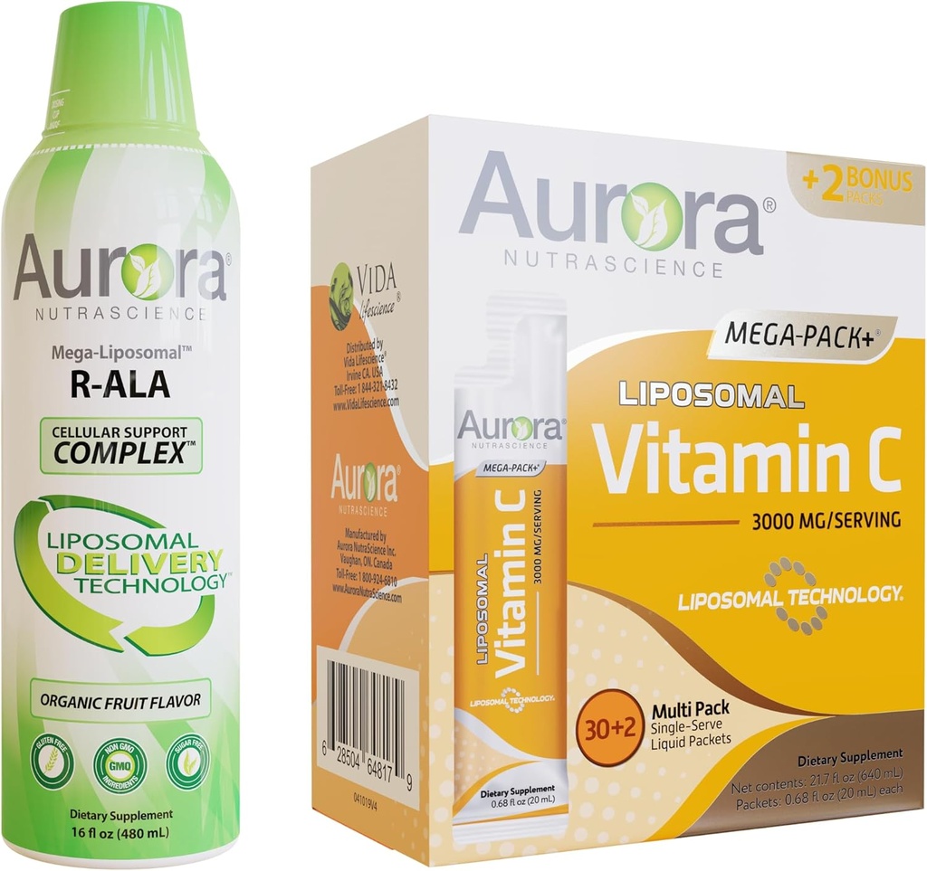 Aurora Nutrascience R-ALA méga-liposomique avec complexe CoQ10 et L-Carnitine et vitamine C mégaliposomique, lot de 3 000 mg