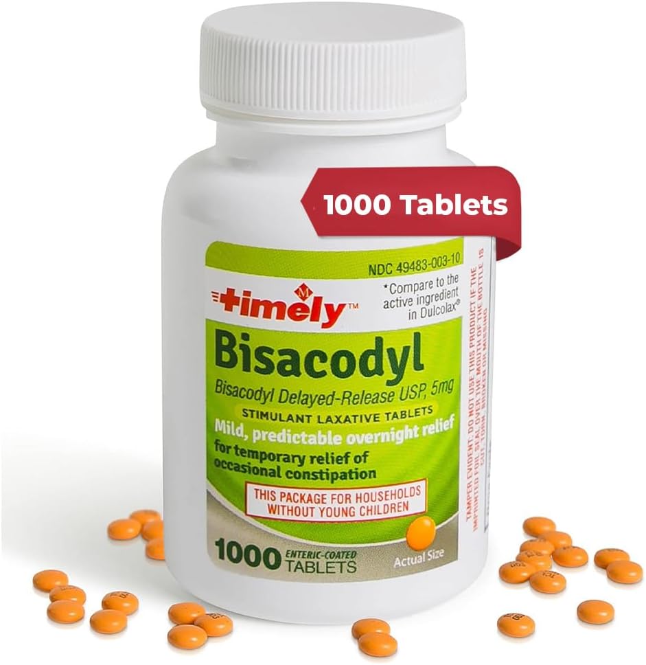 Laxatif en temps opportun Bisacodyl 5mg Comprimés - Stimulants Laxatifs pour Constipation Agissante et Douce - Constipation de nuit pour les adultes -1000 Comprimés