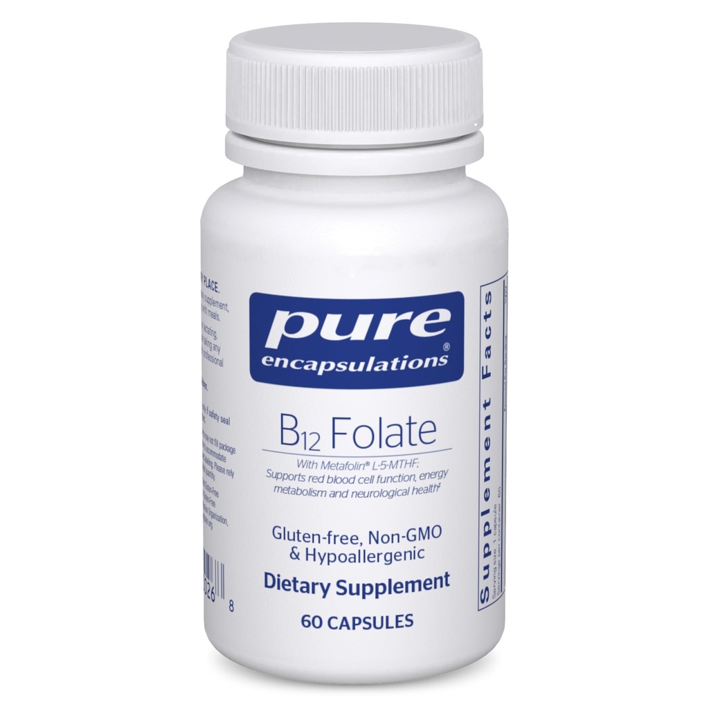 Encapsulations pures B12 Folate - Supplément énergétique pour soutenir les nerfs, le métabolisme énergétique et le soutien cognitif* - avec la vitamine B Folate comme métafoline - 60 capsules