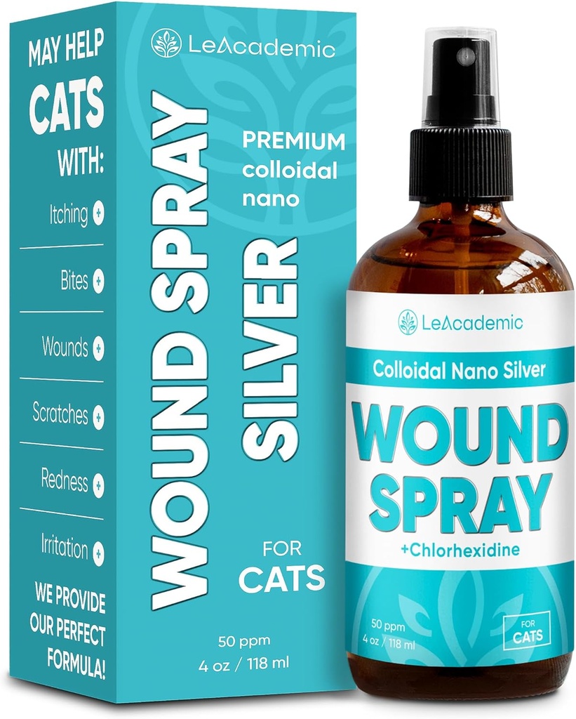 Le spray de soin des plaies de chat est parfait avec le cône de chat. Nano Silver + Chlorhexidine dans la composition.