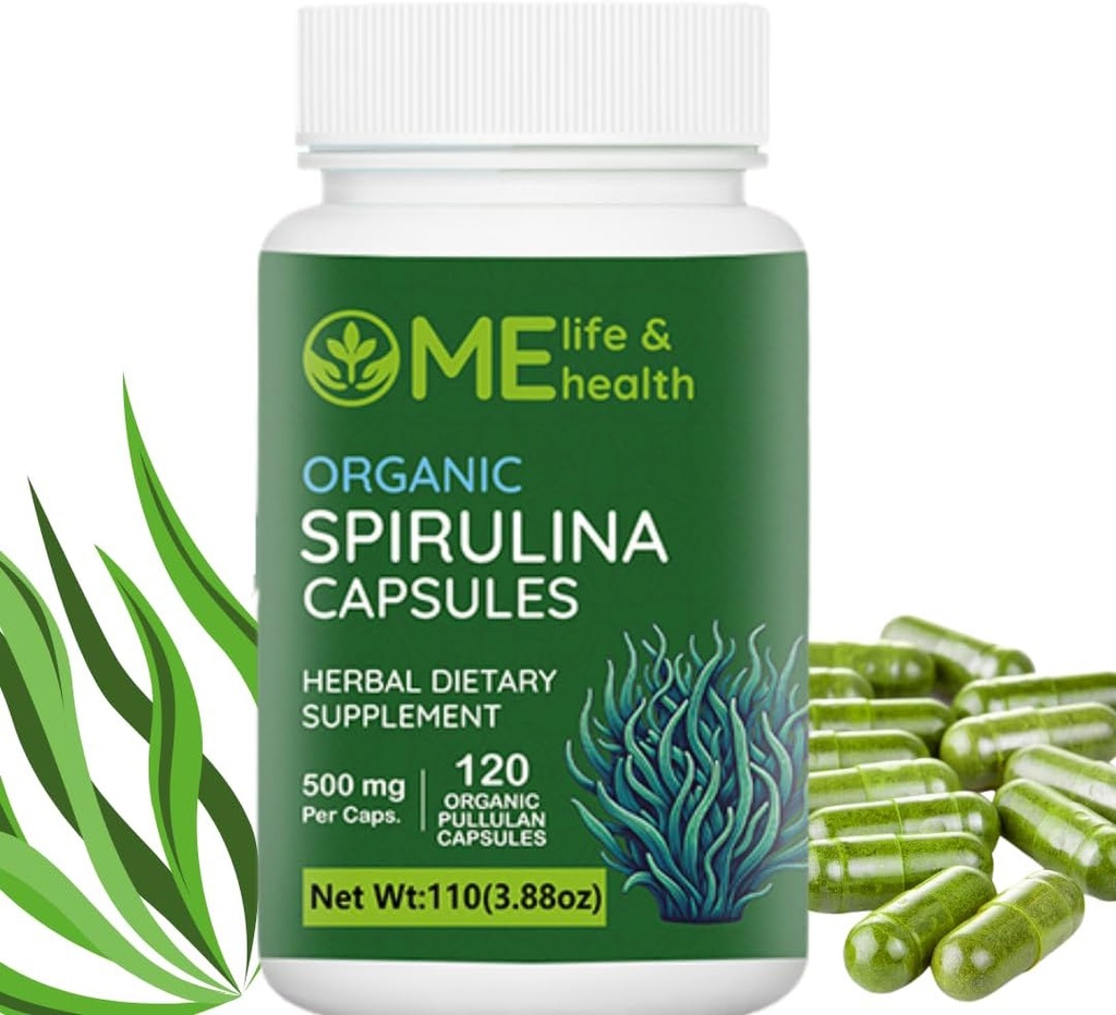 ME VIE & SANTÉ Spiruline Capsules, 100% de poudre de spiruline biologique (120 ct) 500mg Riche en protéines, vitamine A, B12 Antioxydants et vitamines, végétalien, naturel et pur spiruline Non-OGM et sans gluten