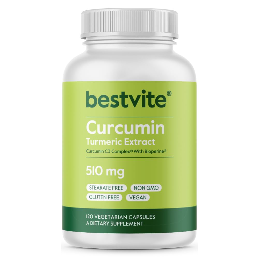 BESTVITE Curcumin 510mg (Turcuma)(120 Capsules végétariennes) avec Curcumin C3 complexe et biopérine - Standardisé à 95 % Curcuminoïdes - Pas de stéarate - Vegan - Non OGM - Sans gluten