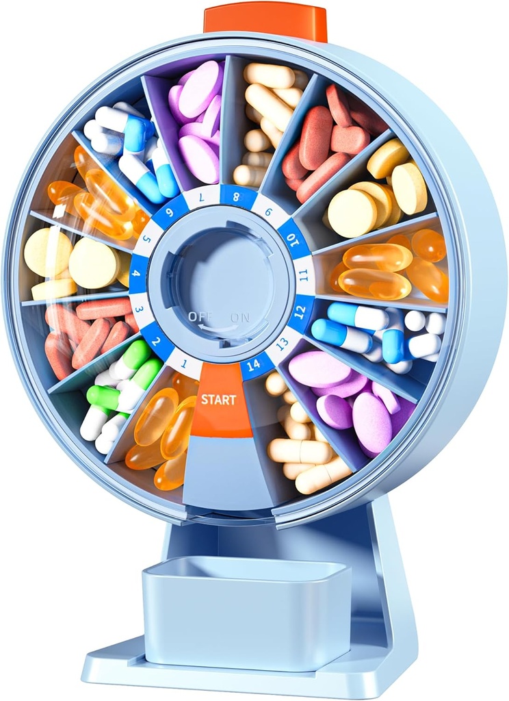 Organisateur de grande pilule Zoksi, boîte à pilules quotidienne pour 7 ou 14 jours, distributeur mural de pilules pour la médecine, vitamine ou suppléments, cas de pilule hebdomadaire avec bouton presse facile (bleu)