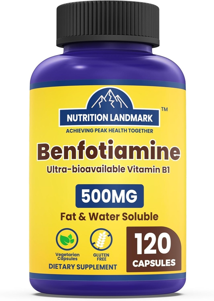 Benfotiamine, 500 mg, une forme graisseuse soluble de thiamine, métabolisme sain, vitamine B1 ultra-biodisponible, haute puissance, sans gluten, sans OGM, végétarien, 120 capsules