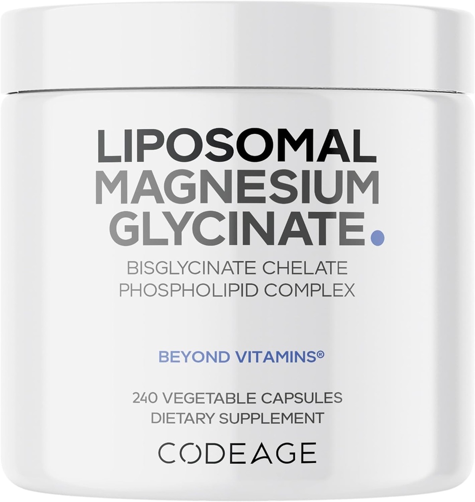 Codeage Supplément glycinate de magnésium liposomique, 2 mois d'alimentation, chélate de magnésium bisglyciné, pilules minérales de magnésium chélatée, capsules de vitamines de poivre noir biopérine, non-OGM végétalien, 240 ct