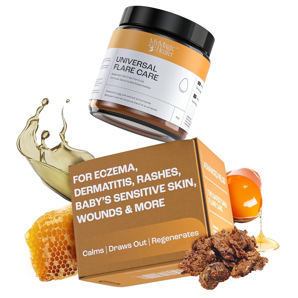 MyMagicHealer Universal Flare Care (en anglais seulement) : Relief sans huile essentielle pour les rashes, l'eczéma, le psoriasis, l'hidradénite Suppurativa, l'impétigo, la dermatite, le soin des plaies, la peau sensible avec/la propolis et l'oeuf Yolk 4 oz