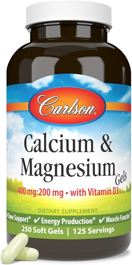 Carlson - Calcium et gels de magnésium, rapport de 2:1 Calcium au magnésium, 200 mg Supplément de calcium, 100 mg Supplément de magnésium, soutien des os, production d'énergie, 250 Softgels