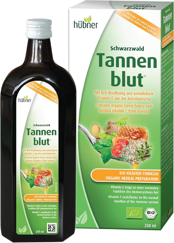 Hubner Tannenblut Préparation biologique à base de plantes, sirop de toux au miel, soutien à la gorge froide et à la gorge douloureuse, soulagement apaisant, supplément de vitamine C pour adultes et enfants de 4 ans et plus, sans casher et sans alcool, 250 ml