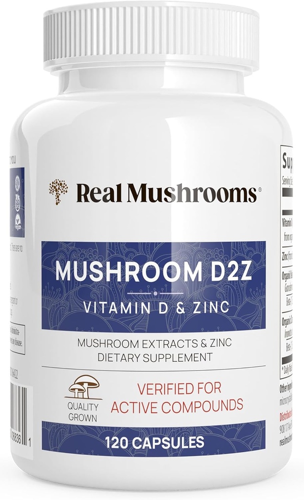 Véritables capsules de Zinc et de Vitamine D2 de champignons – avec extraits de champignons de Chaga et de Reishi biologiques – Vitamines pour le bien-être global – Vegan, non-OGM, sans gluten – 120 Count Complément de champignons