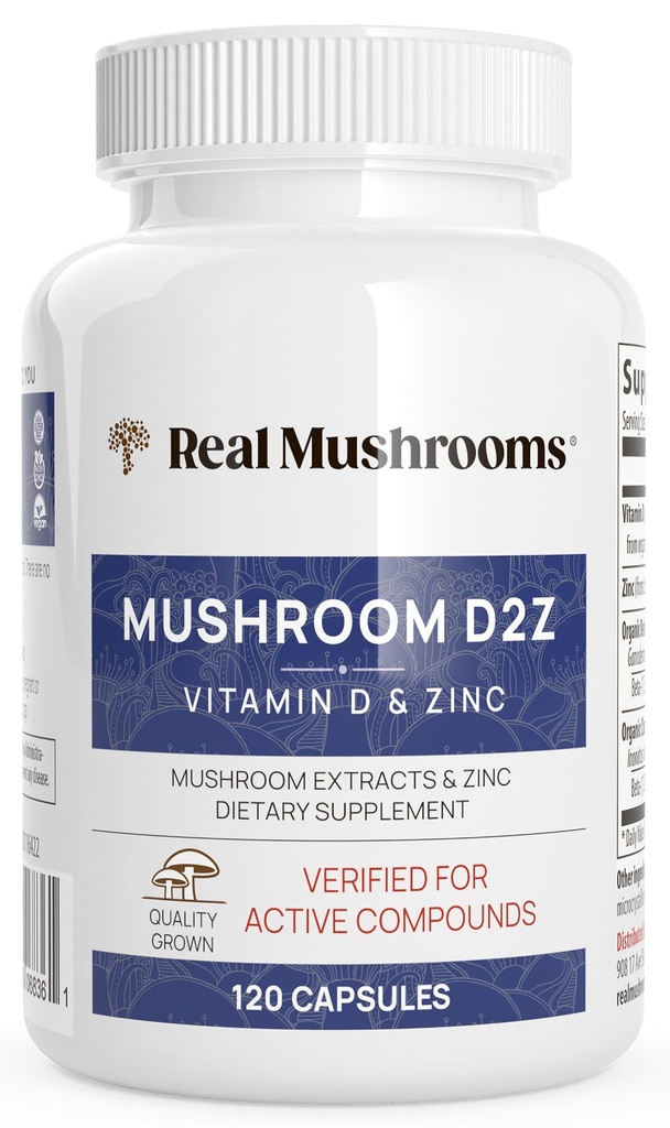 Véritables capsules de Zinc et de Vitamine D2 de champignons – avec extraits de champignons de Chaga et de Reishi biologiques – Vitamines pour le bien-être global – Vegan, non-OGM, sans gluten – 120 Count Complément de champignons