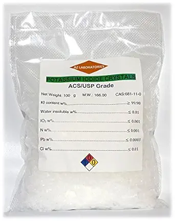 Potassium Iodide, USP Grade 100 grams. Fine Crystals Powder