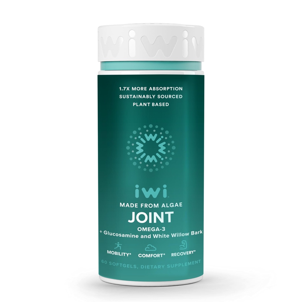 Iwi Life Joint Omega-3, 60 Softgels (30 portions), Algae Omega-3 à base de plantes avec la glucosamine, le supplément alimentaire de soutien de la mobilité, l'huile de Krill et de poisson alternative, sans arrière-goût de poisson